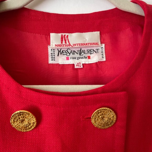 Vintage Yves Saint Laurent Skirt Suit 10 Red Double Breasted Blazer Gold Buttons - Picture 3 of 14